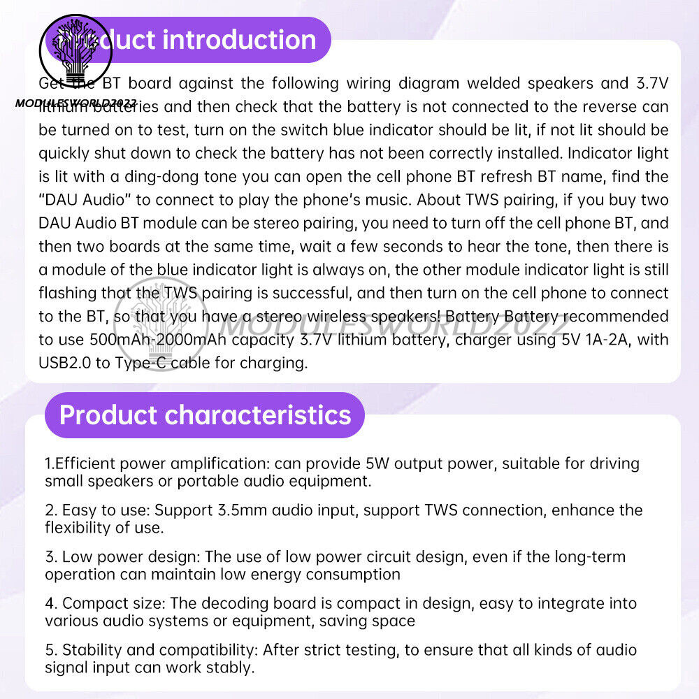 DC3.5V-5V 10W Type-C Bluetooth Mono Audio Amplifier Decoder Board TWS 3.5mm DIY