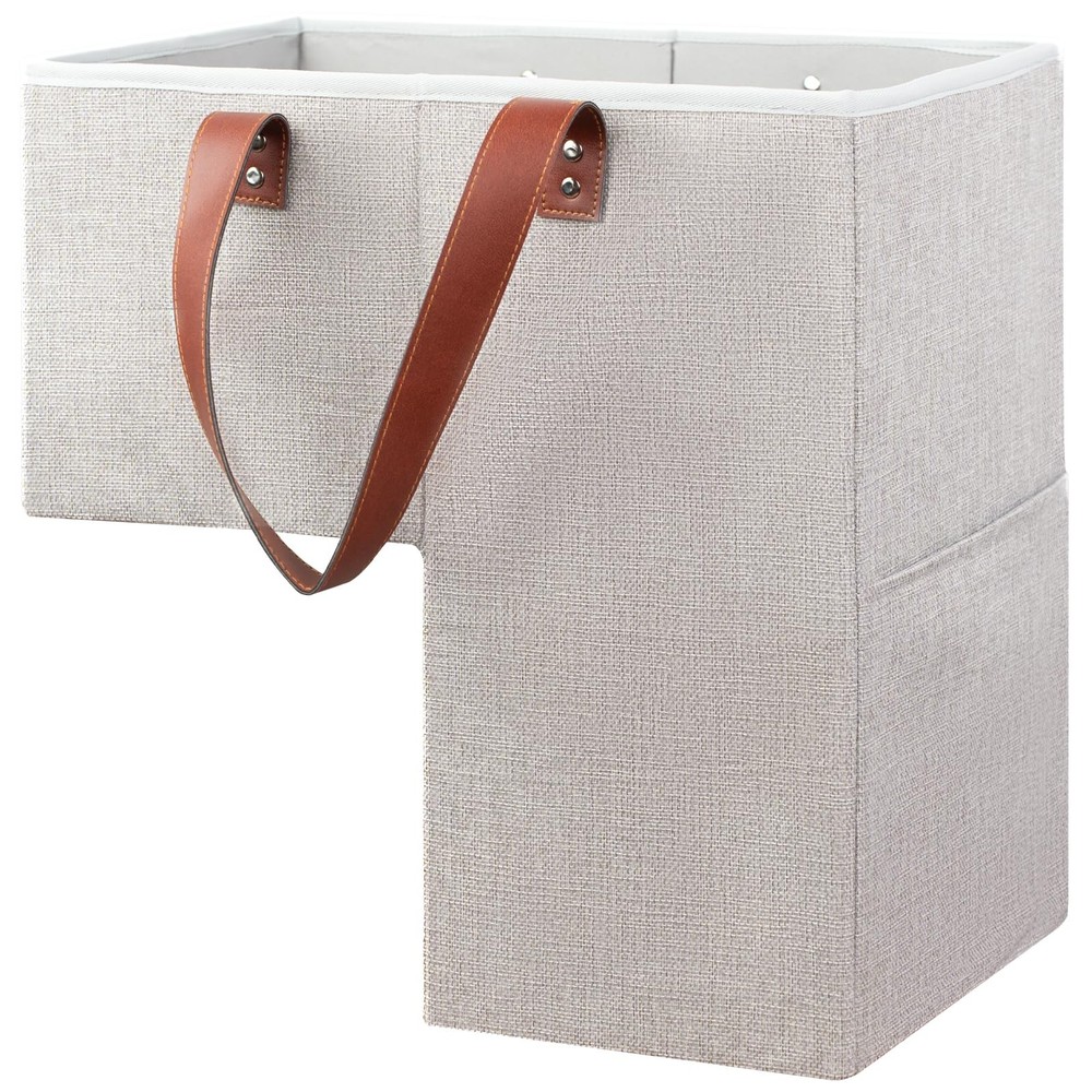 Stair Basket Storage,Foldable Step Organizer with Leather Handle & Side Pocke...