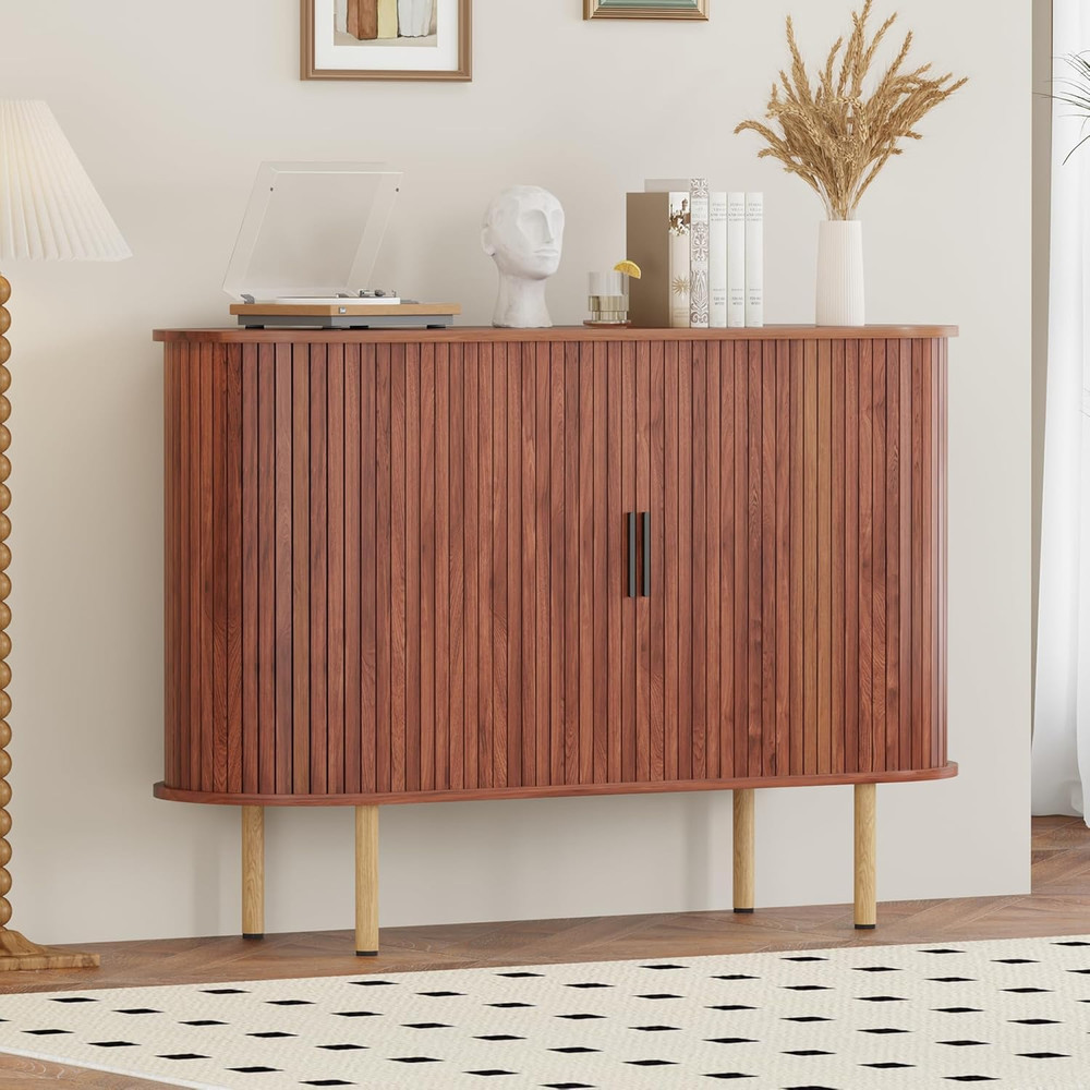 Mid Century Modern 47" Sideboard Buffet Cabinet with Sliding Doors, Walnut