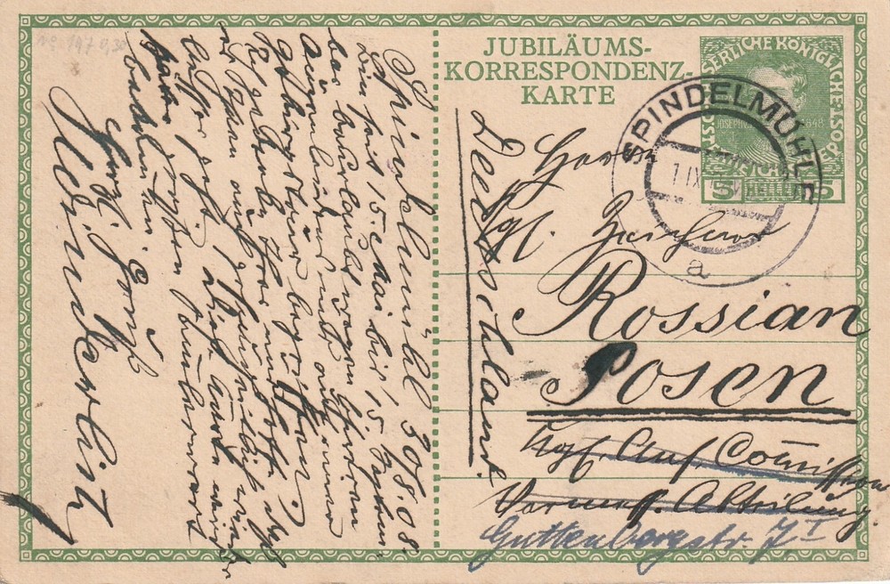 AUSTRIA: postal stationery Spindelmühle 1908.