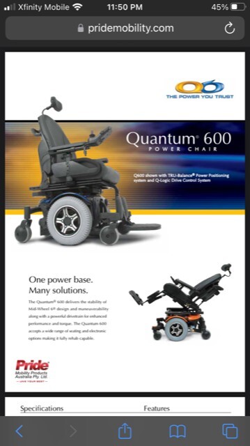 Pride Mobility Quantum 600 Power Chair / Mobility Chair
