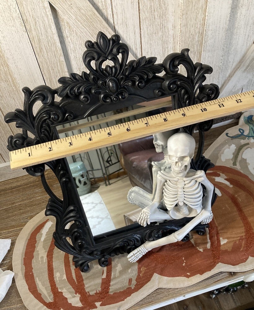 Skeleton Mirror | Halloween Gothic Decor | Ornate Black Framed Mirror