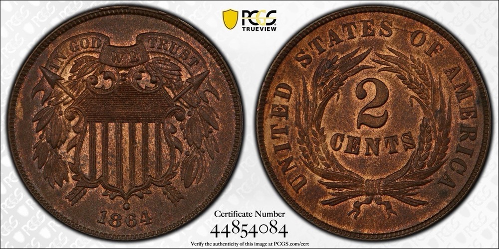 1864 2 Cents PCGS MS62 Large Motto Nice Coin, Pop 320