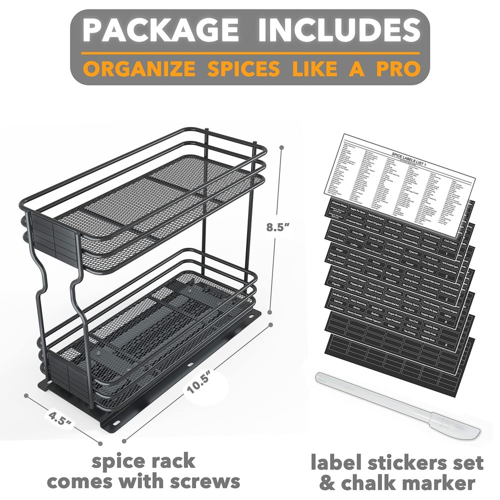 SpaceAid Pull Out Spice Rack Organizer for 4.5"W, 2-Tier, Black, Black
