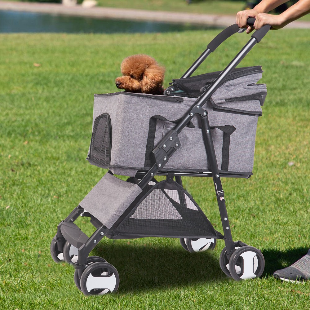Extra Large Foldable Pet Stroller Travel Walk Carrier with Bottom Basket Storage