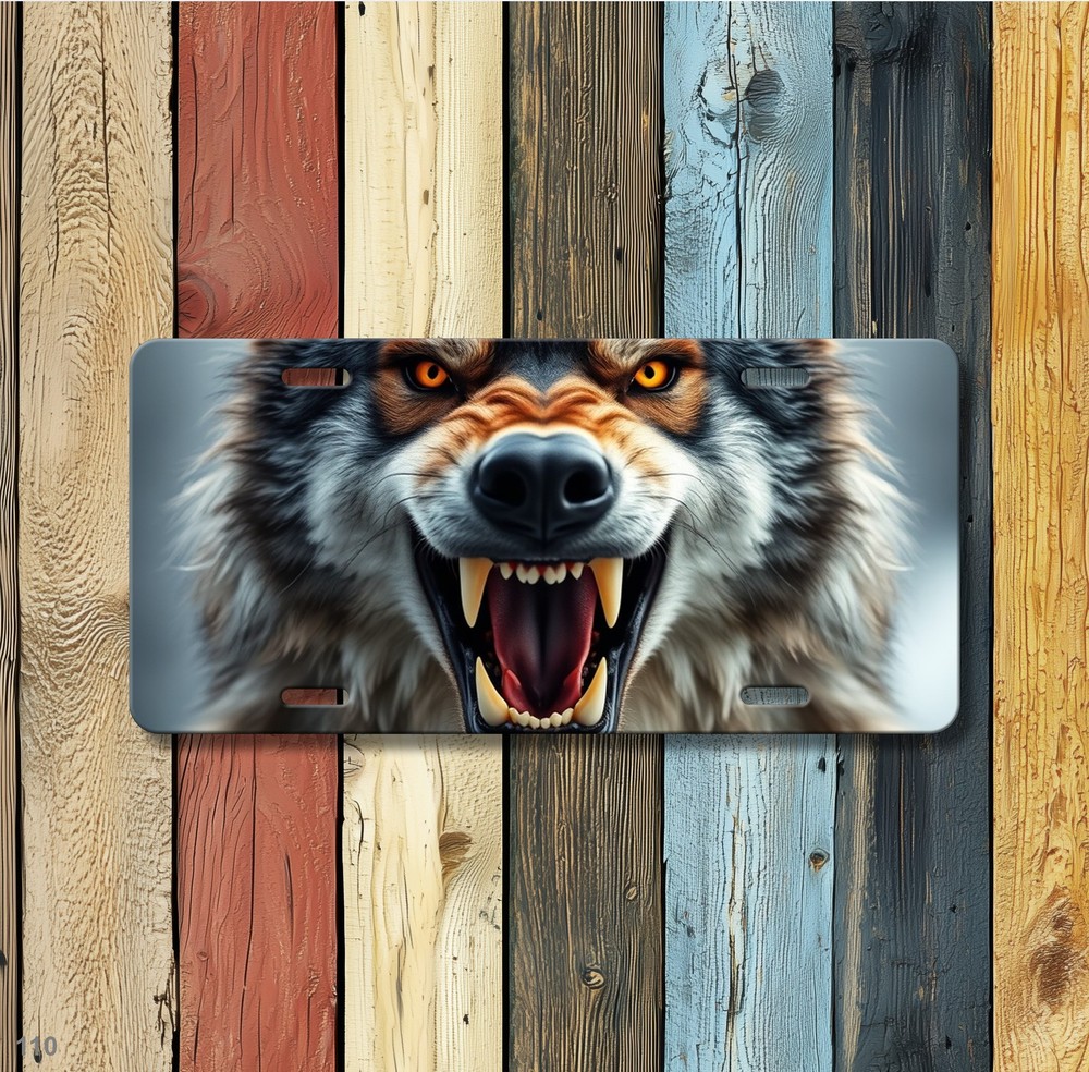 Aggressive Wolf License Plate Fierce Expression Custom Vanity Plate Unique Gift