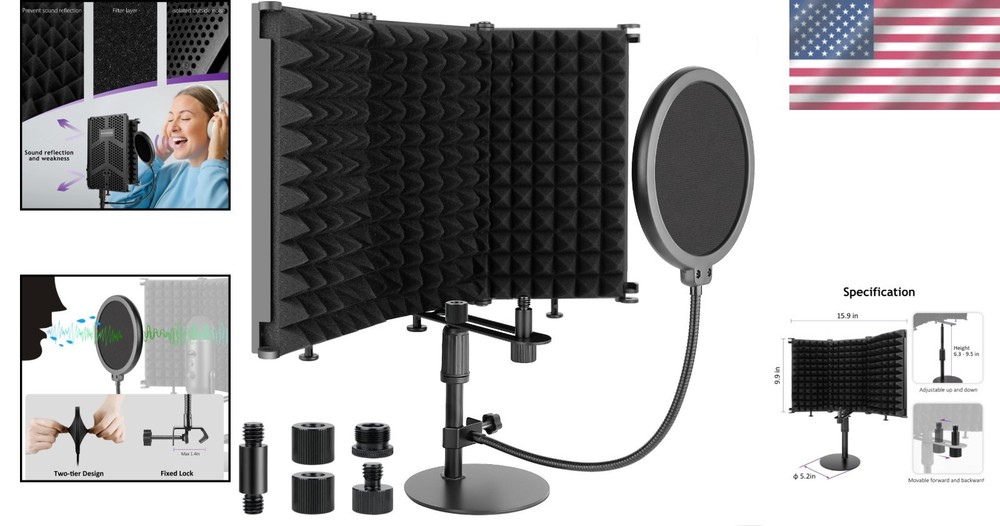 Microphone Isolation Shield with Mic Stand and Pop Filter, Foldable Sound Shield