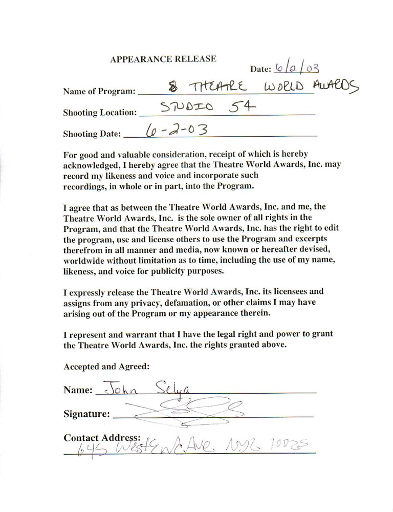 JOHN SELYA - Dancer & Choreographer - Broadway - Autograph Release Form