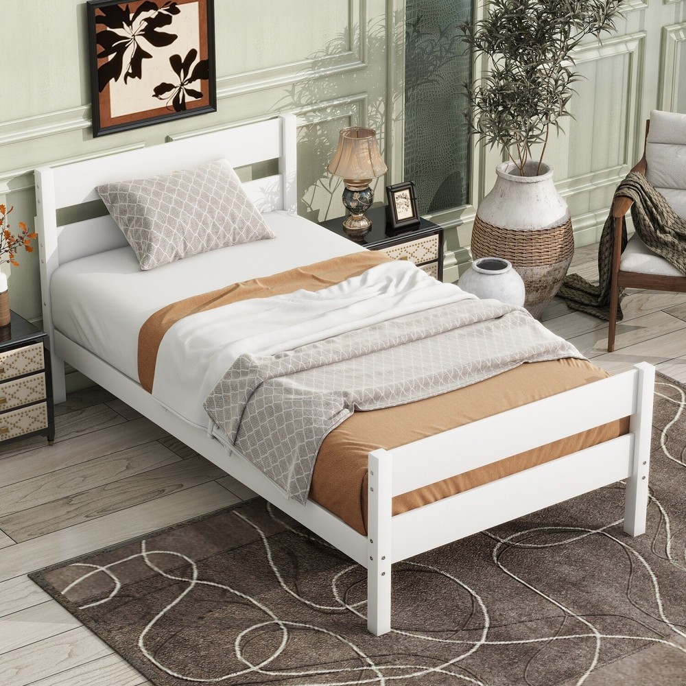 Twin Size Bed Frame Wooden Platform Bed Frame w/ Headboard White/Espresso