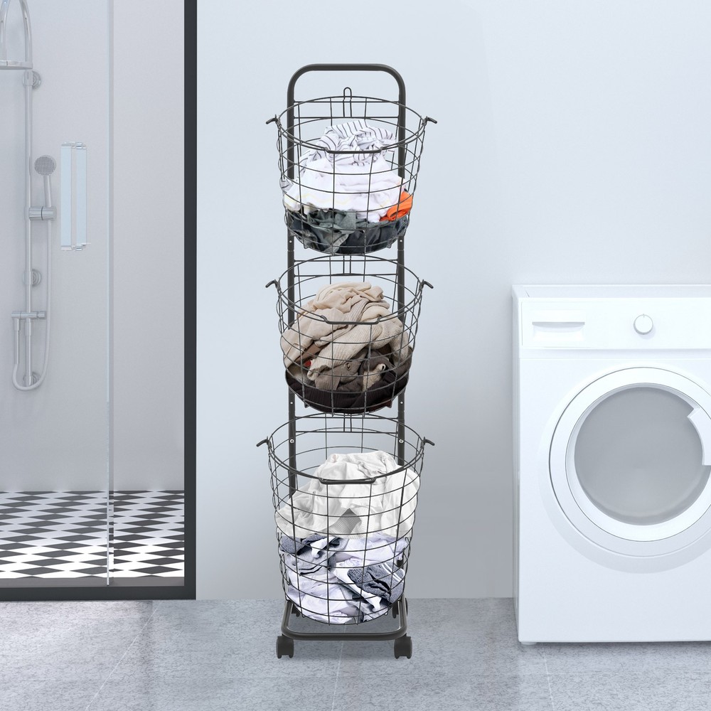 3 Tier Rolling Laundry Hamper with 3 Removable Wire Basket & 4 Universal Wheels