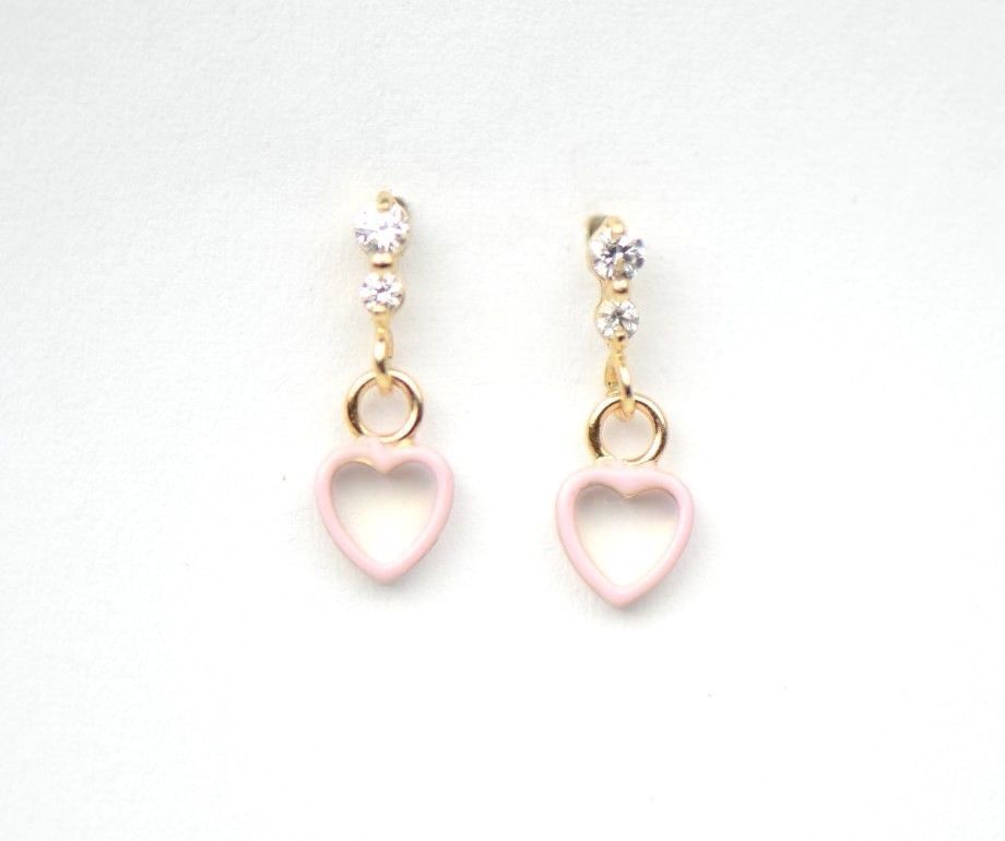 14K Solid Yellow Gold Heart Shape Dangle Earring with Enamel