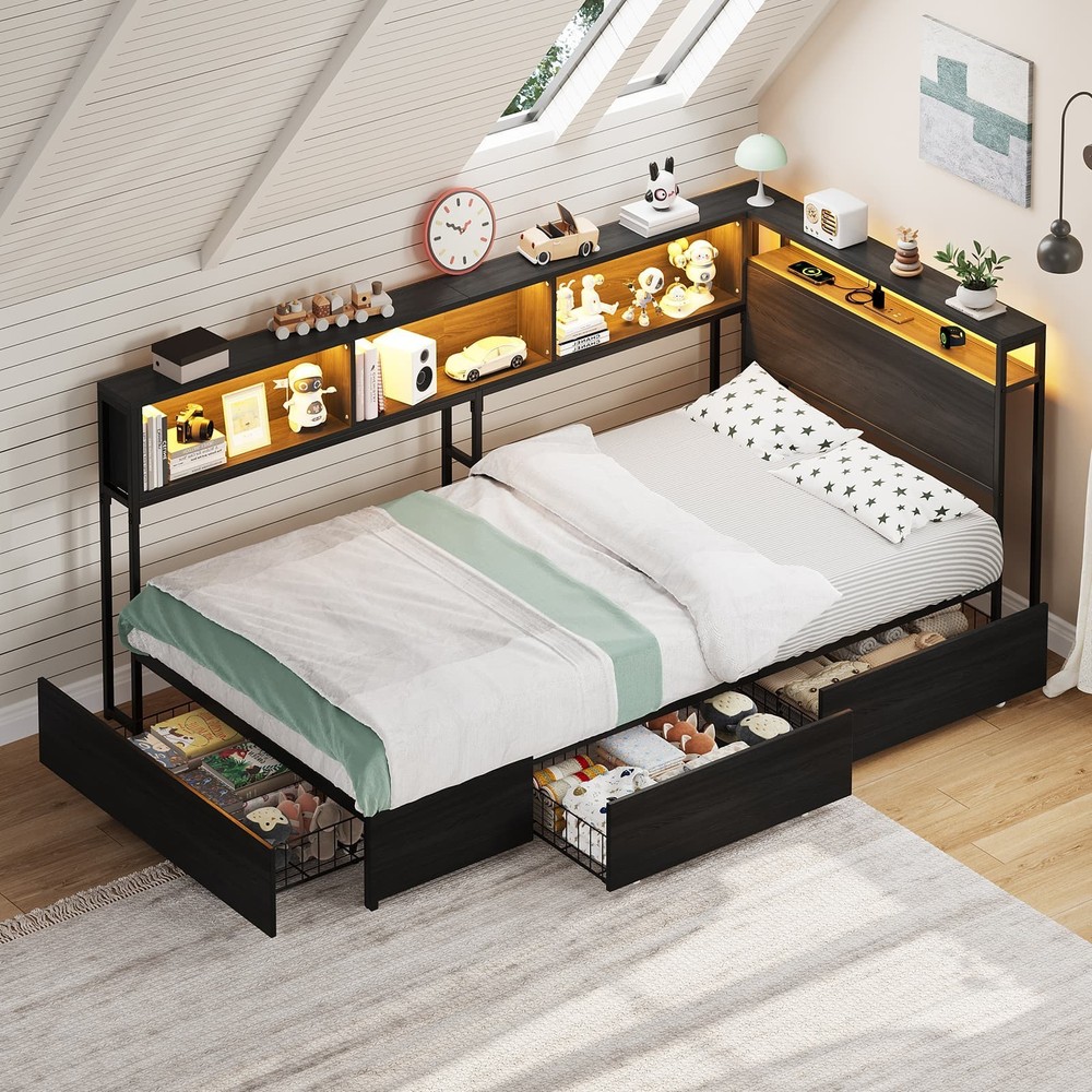 Corner Twin Bed Frame with 3 Storage Drawers, Bed Frame with LED & Charging