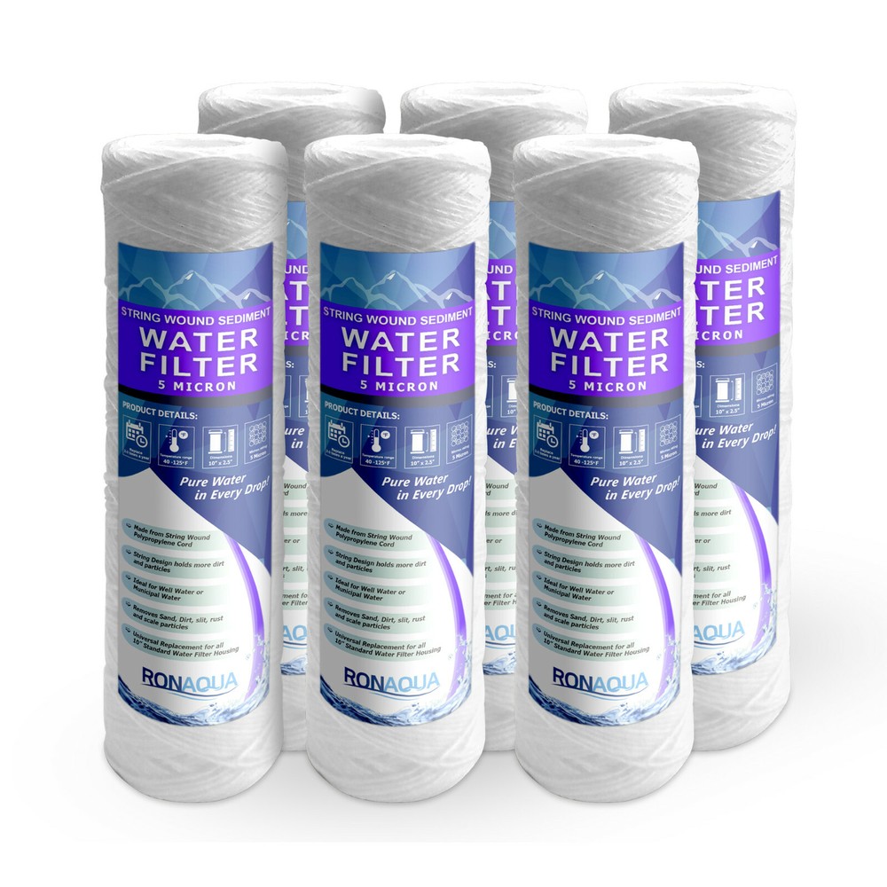 Wound String Sediment 5 Micron Water Filter Cartridge 2.5" x 10" 6 Pack