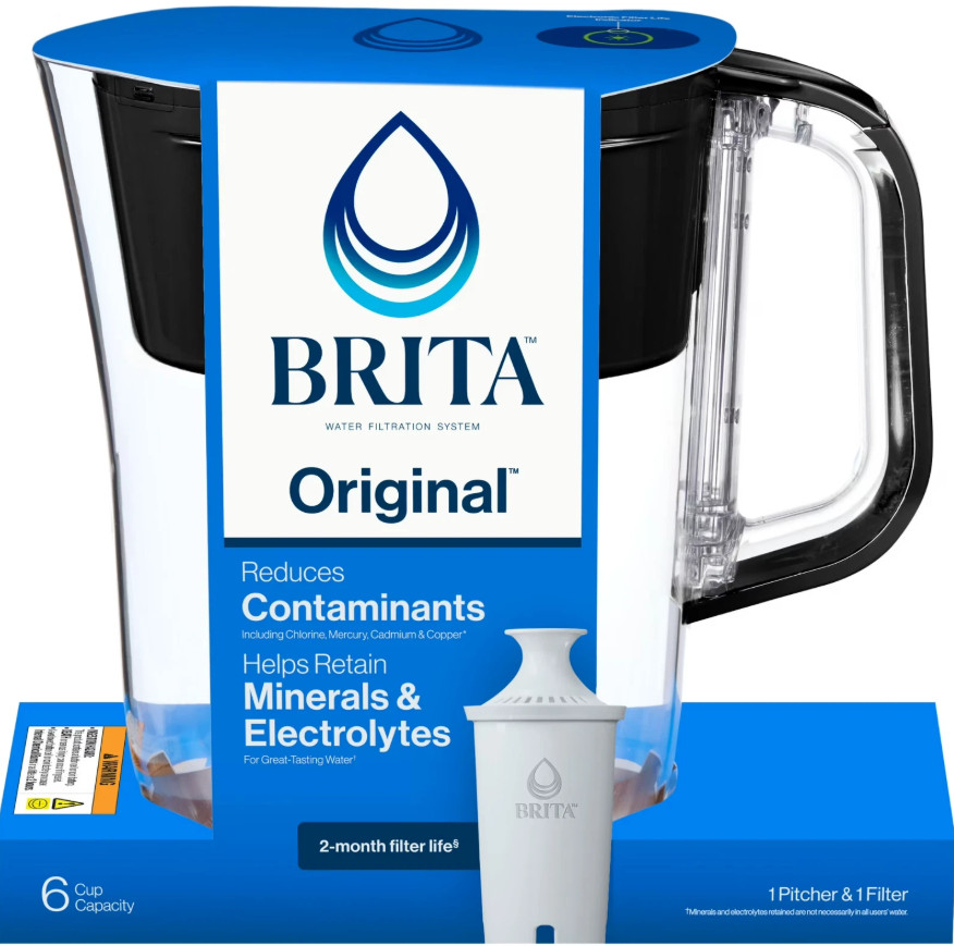 Brita 6 Cup Small Plastic Water Filter Pitcher, Black, BPA Free