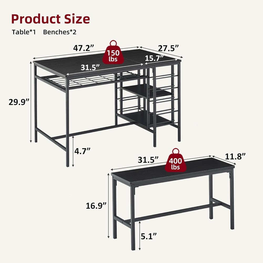 Dining Table Set 4 Kitchen Table Set 4 W/ 2 Benches 3 Piece Dining Room Table