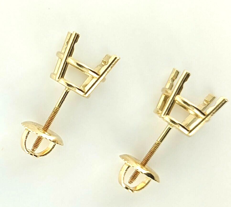 Pair 18K Yellow Gold Stud Earring Settings Pre-Notched Threaded Fine Quality