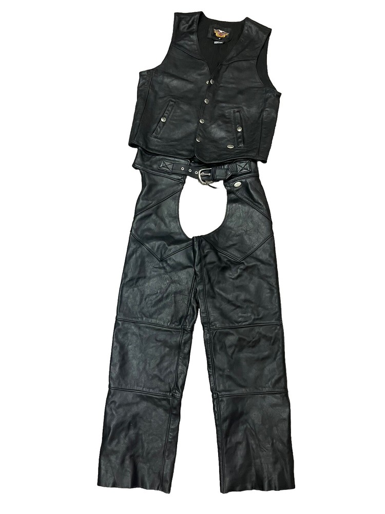 HARLEY DAVIDSON MOTORCYCLE BLACK LEATHER CHAPS & VEST Size Medium