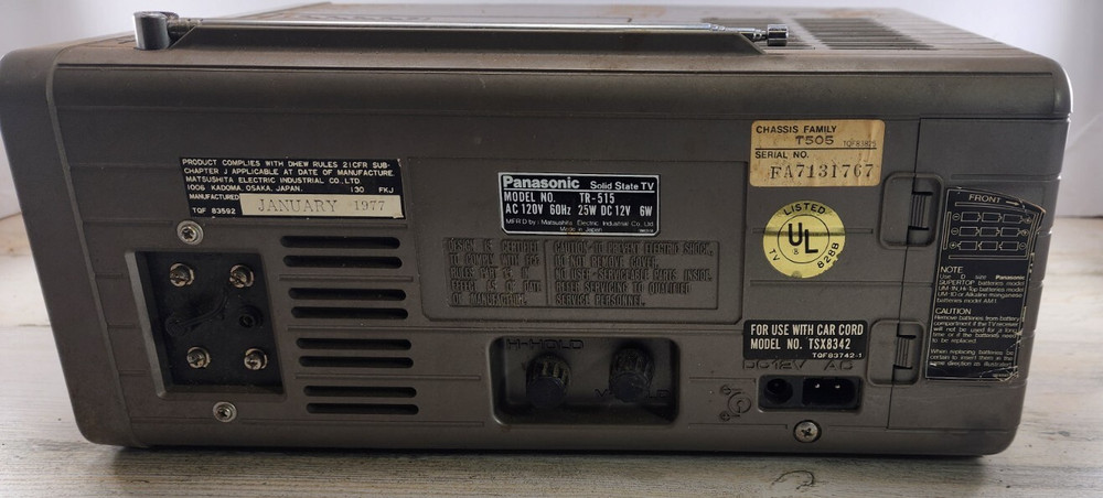 Panasonic Solid State TV Model TR-515 1977 Tested Portable