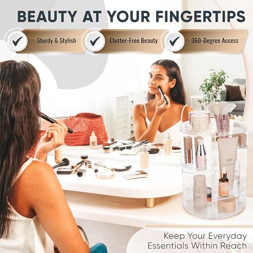 , Rotating Makeup Organizer - Adjustable Shelf Height and Fully Clear
