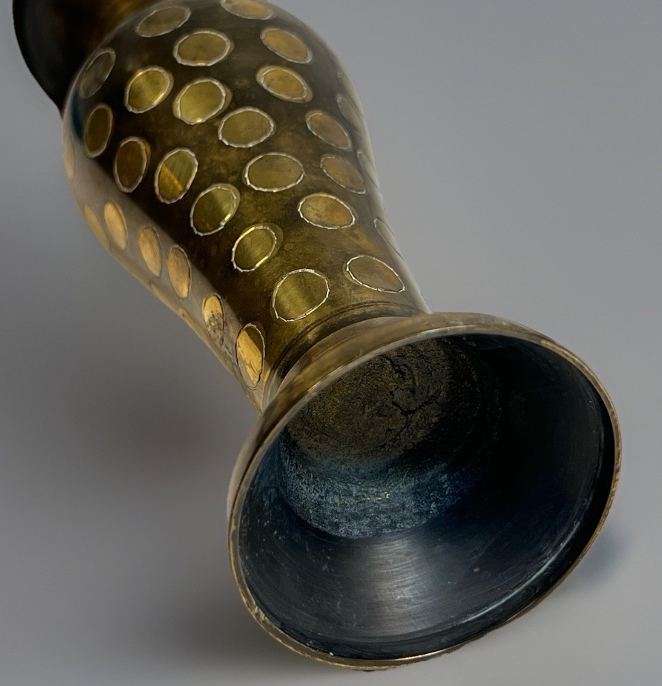 Vintage Solid Brass Vase with Polka Dot Inlay Pattern – 7.5” Tall