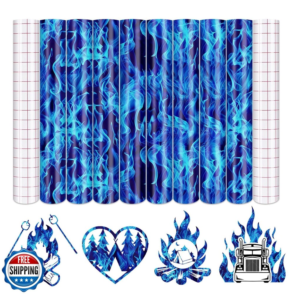 Tintnut Flame Permanent Adhesive Vinyl - 8 Sheets 12"x10" Blue Fire Patterned