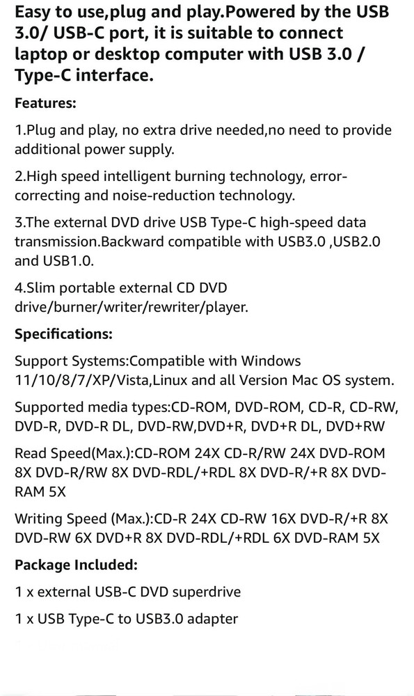 External CD DVD Drive, USB 3.0 Type-C Smart Touch Button Laptop/Window 10 NEW