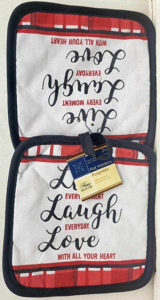 2 Same Printed Kitchen Pot Holders (7" x 7") LIVE LAUGH LOVE, dark blue back, GR