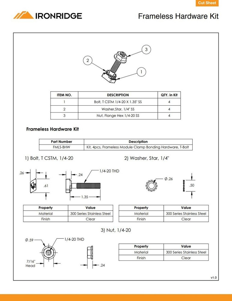 IronRidge FMLS-BHW Frameless Module Bonding Hardware 4Pcs