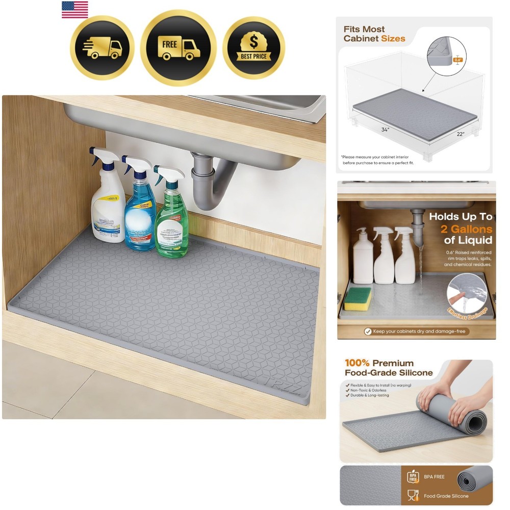 Silicone Waterproof Under Sink Mat 34" x 22", Drip Tray and Cabinet Liner for...