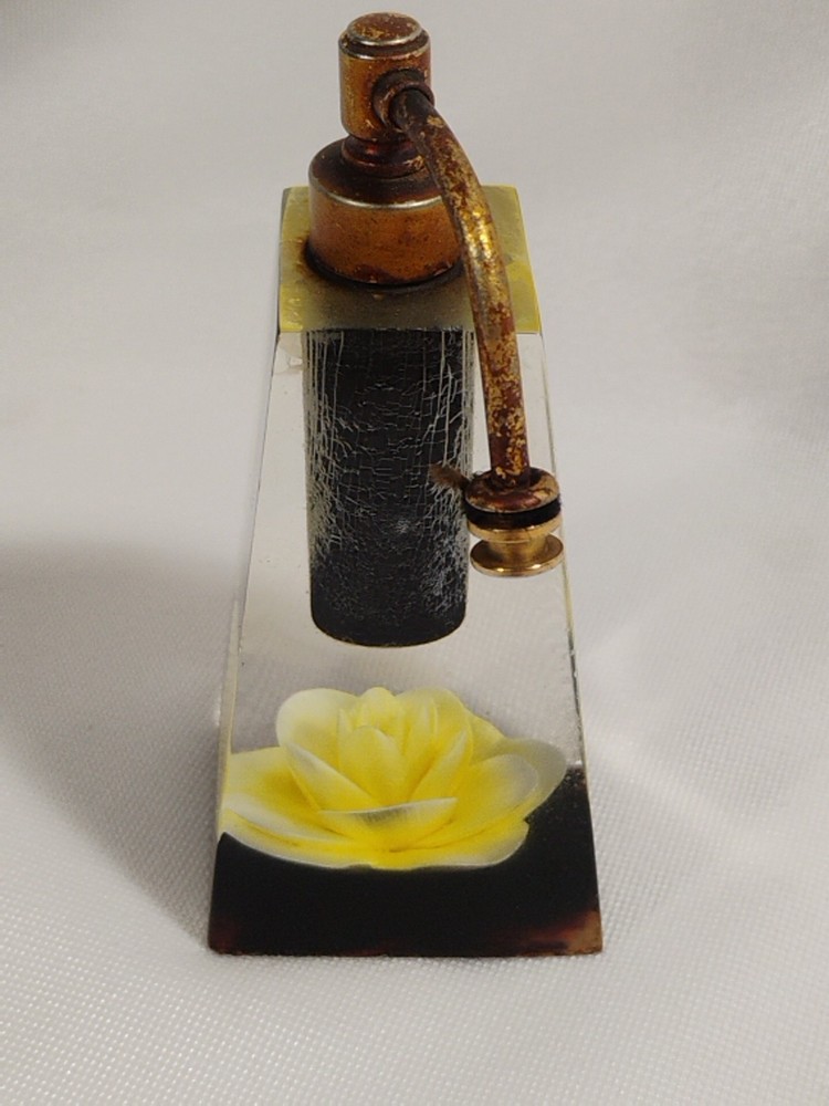 Jane Art Perfume Bottle Lucite w/Atomizer Empty Yellow Rose Inside Needs Pump