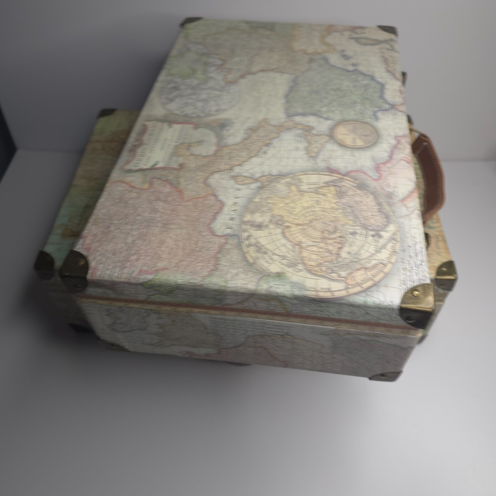 Set of 2 Vintage Map Pattern Large Decorative Storage Box W/ Handle & Latch READ