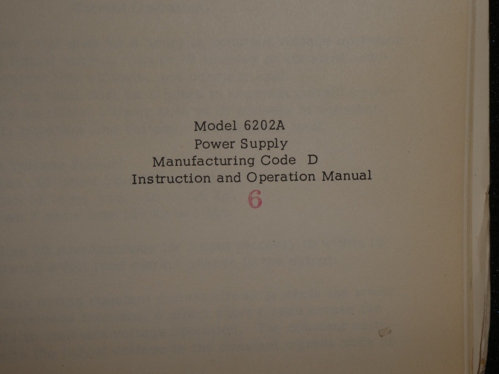 HP 6202A (Manufacturing Code D) Power Supply Instruction & Operating Manual