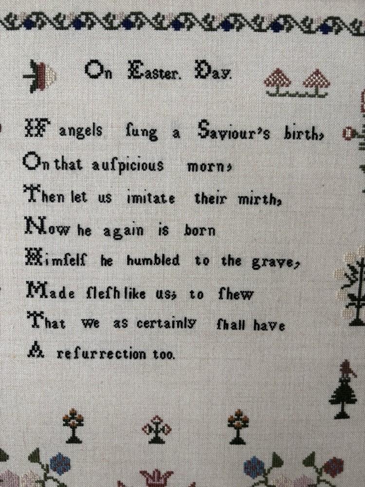 Framed Cross Stitch Sampler "On Easter Day", 52-count Linen, 21.5"x17"