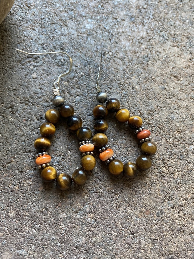 Sterling Silver Tiger’s Eye Spiny Oyster Bead Loop Earrings.