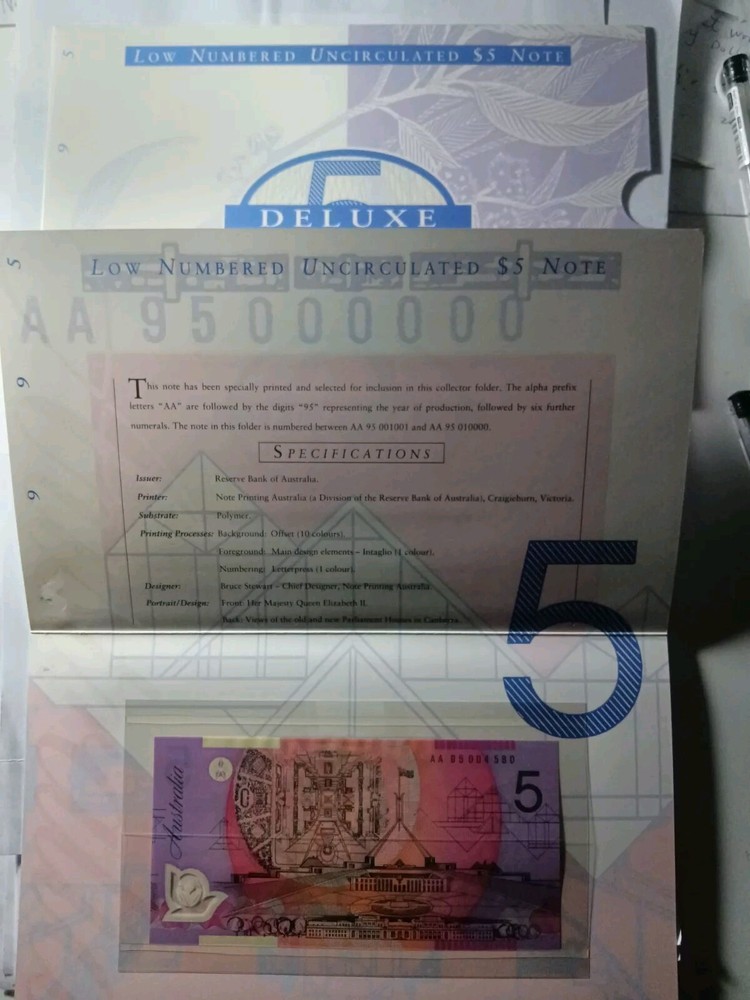 1995 Australia Low Numbered Uncirculated $5 and $10 Notes In Folders