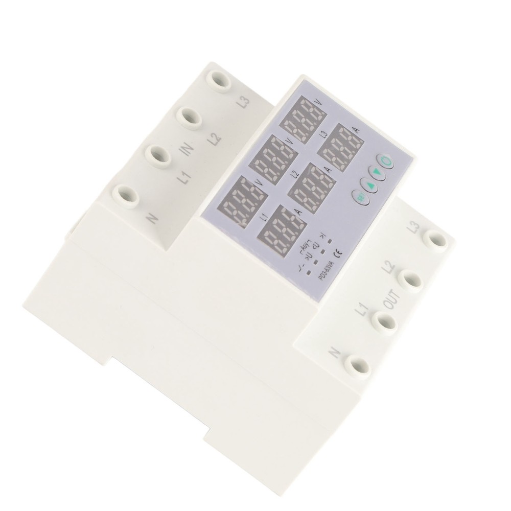 63A 3Phase DIN Rail Voltmeter Ammeter Auto-Overvoltage Overcurrent Protector AC
