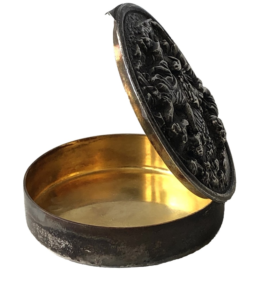 Antique Spanish Silver Pill Box With Romantic Sculptured Lid