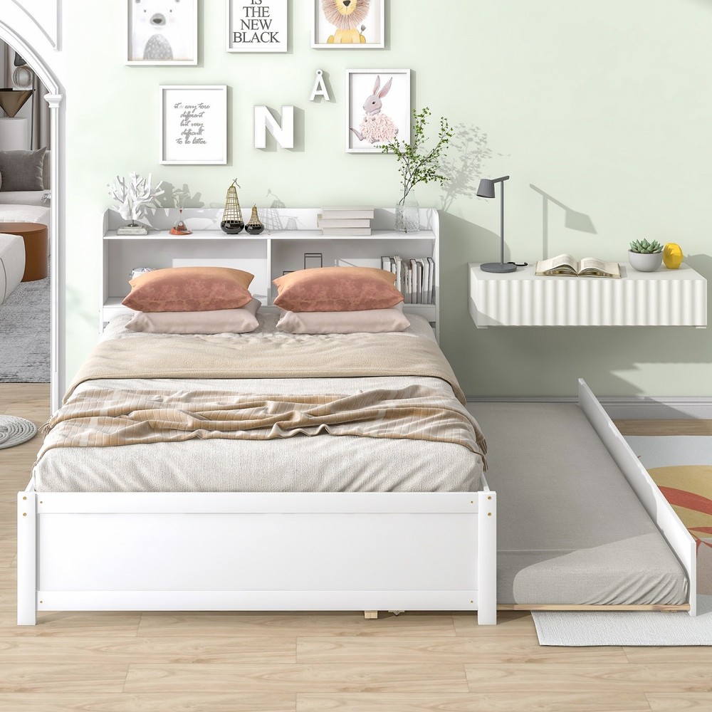 Full Size Bed Frame Wood Platform Bed w/ Trundle & Storage Headboard