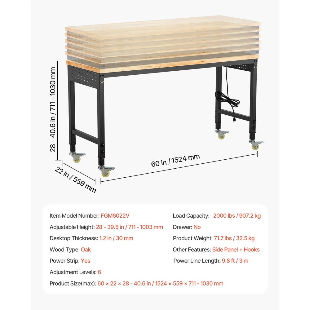 60" Workbench on Wheels Adjustable Height Table with Power Outlet & Pegboard