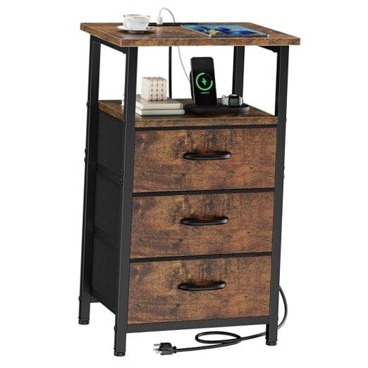 Nightstand with Charging Station, Bedside Table 1 Piece Rustic Brown Ordinary