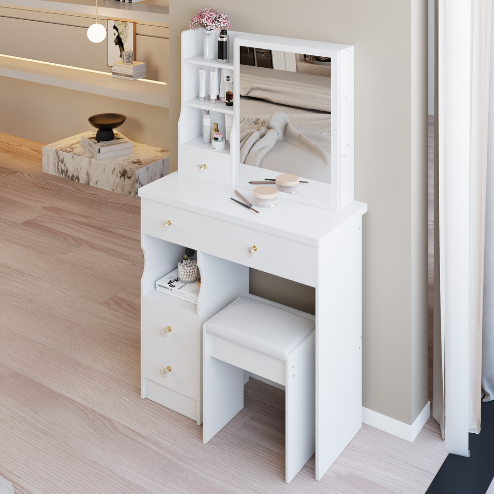 29.2" Small Space Left Drawer Desktop Vanity Table + Cushioned Stool, Extra La