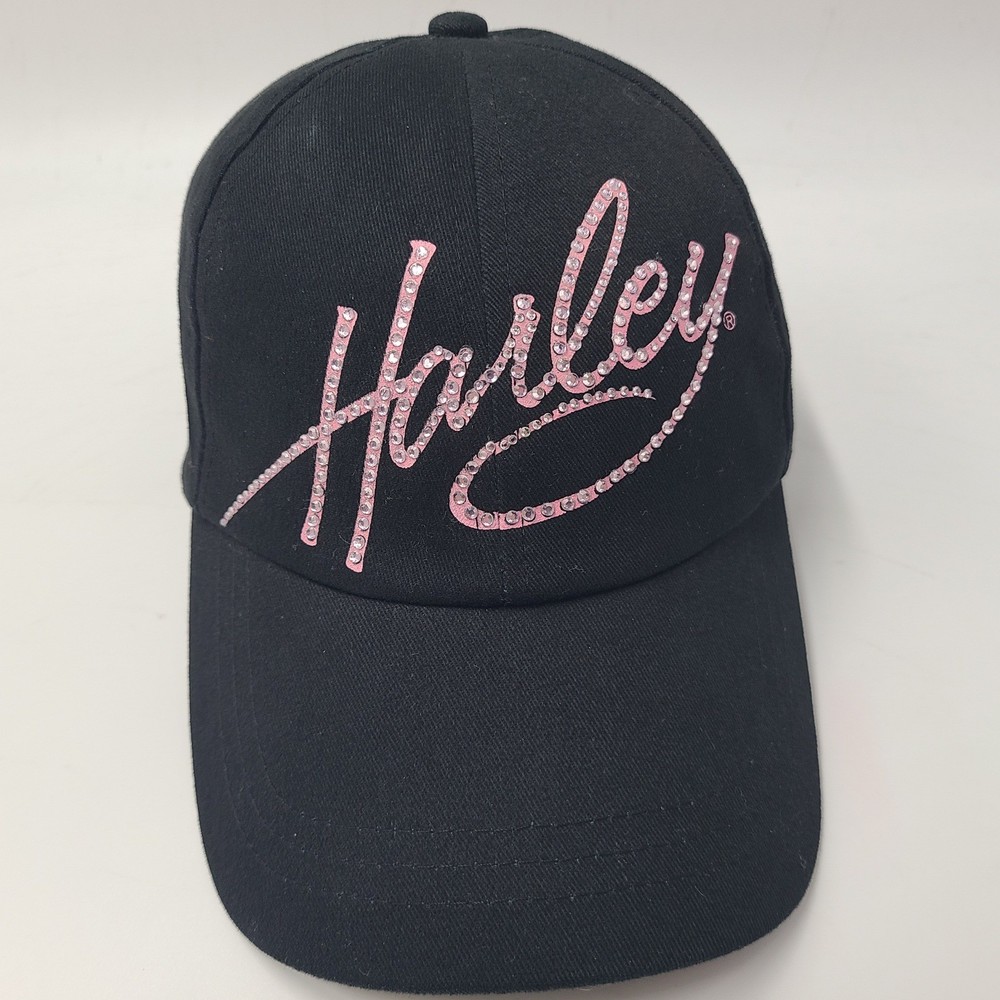 Women Harley Davidson Hat Strapback (Fits Small) Black Pink Bedazzled Script