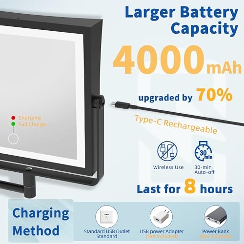 Rechargeable Wall Mounted Makeup Mirror with Lights, Double Sided Matte Black