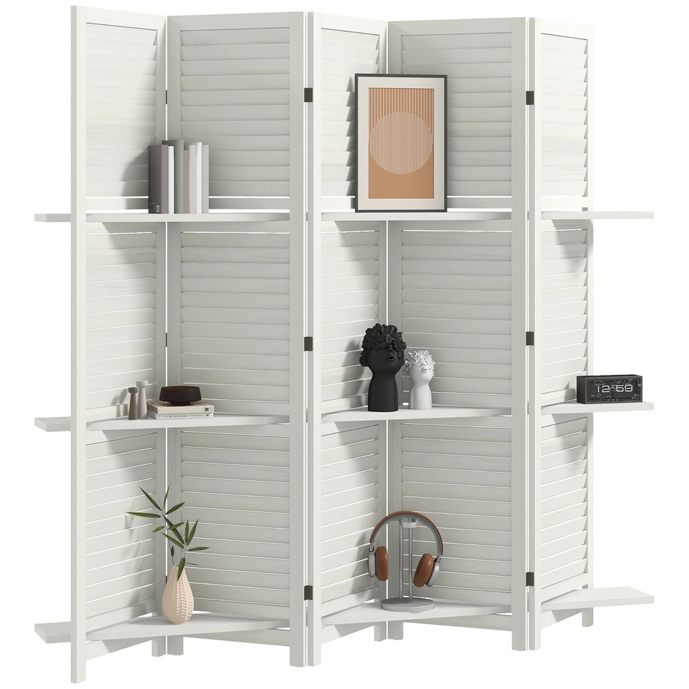 5 Panel Privacy Screen, Room Divider with 3 Shelves White