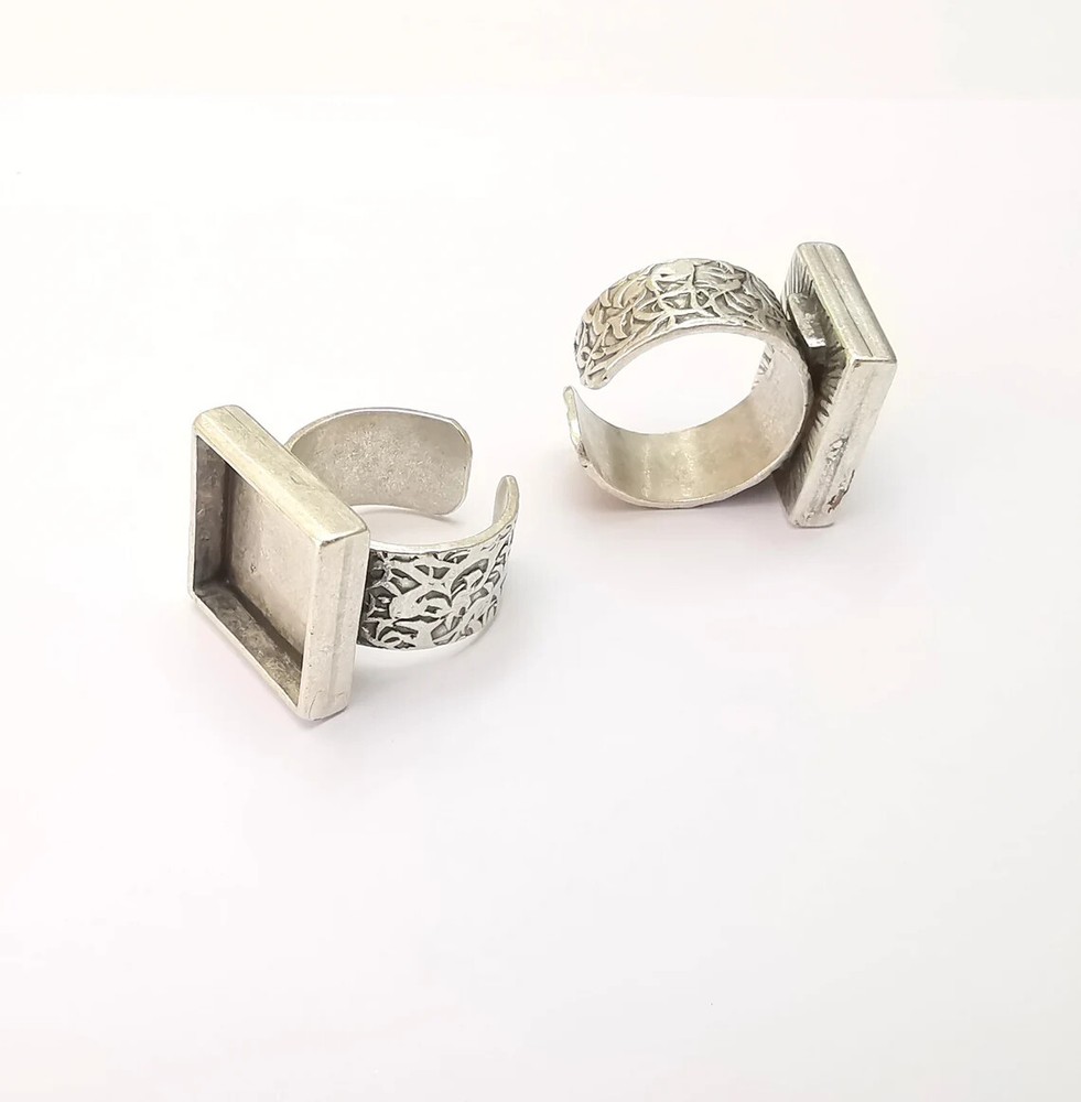 Square Antique Silver Ring Blank Setting, Cabochon Mounting, Adjustable Resin
