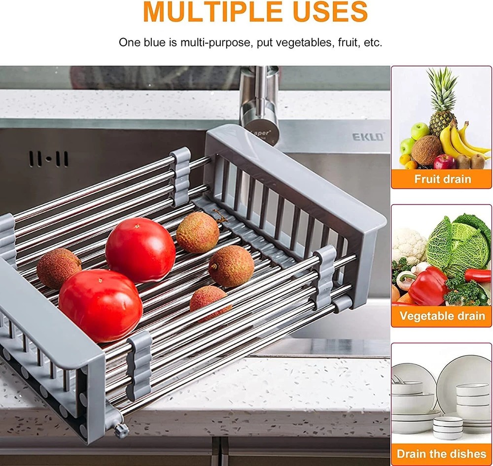 Adjustable Stainless Steel Sink Drying Rack Extendable Drain Basket Kitchen