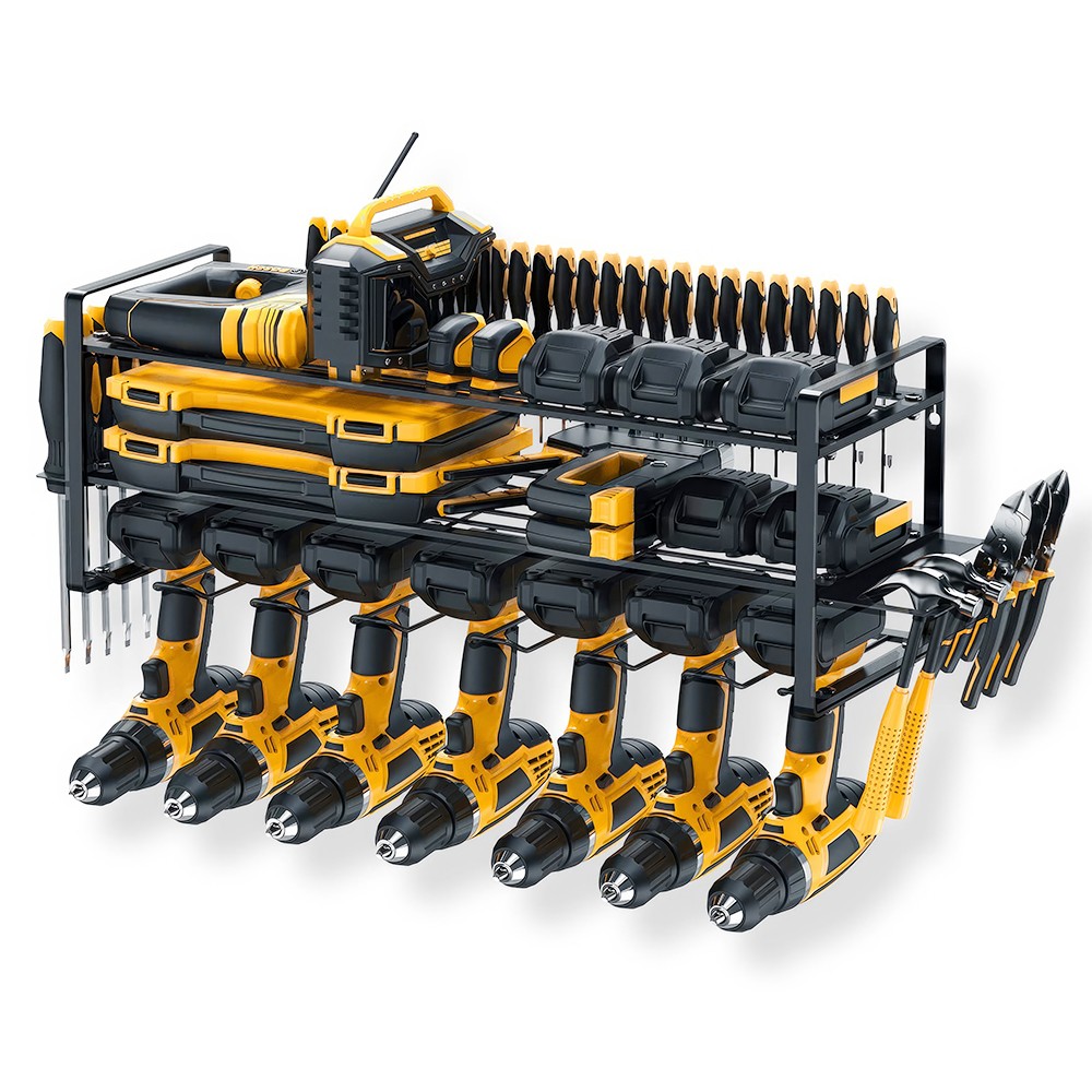 3 Layers Wall-Mounted Power Tool Organizer Storage Rack w/ 7 Drill Holders Shelf