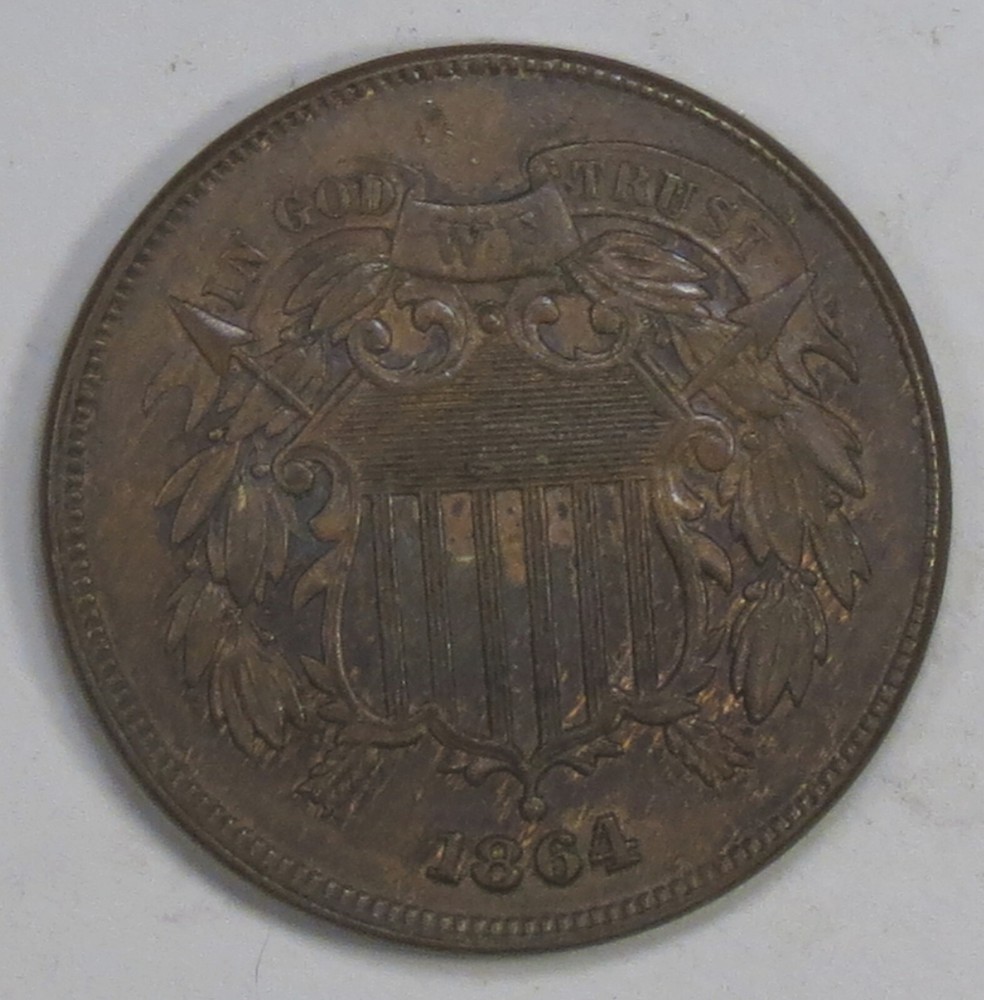 1864 Large Motto Two Cent Piece - AU Details