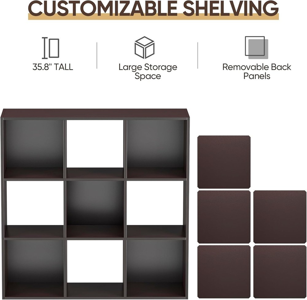 Great value 9-grid storage organizer, 3-layer open bookshelf, dark brown