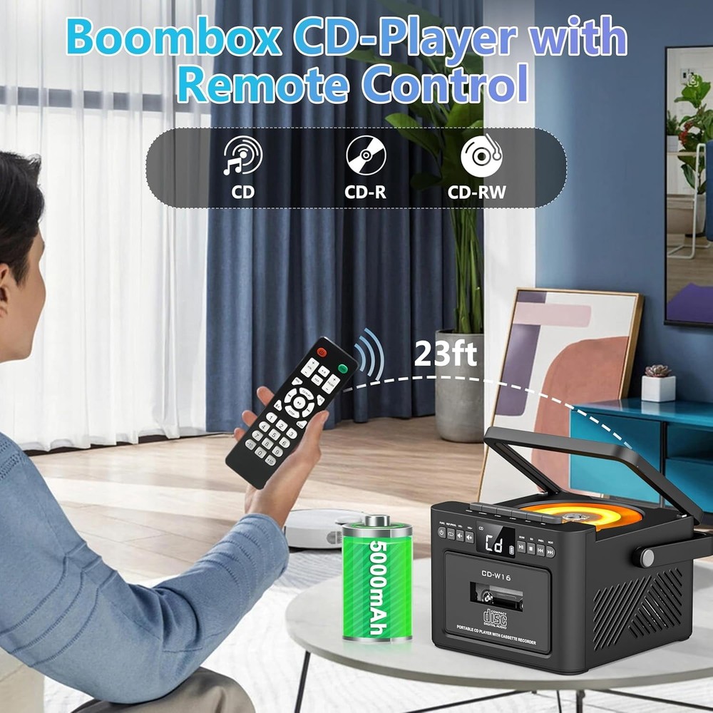 Bluetooth CD Cassette Boombox Player, Portable Rechargeable CD Player with Type-
